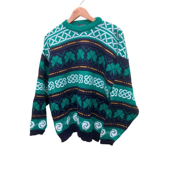 Vintage 90s Emerald Isle St. Patrick’s Day Shamrock Acrylic Knit Sweater Size XL - Picture 2 of 6